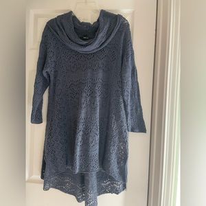 Petite, blue, lace knit, high/low tunic length sweater